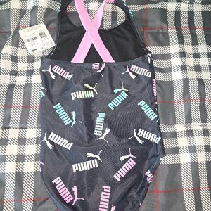 PUMA Girls One-Piece Swimsuit – Black with Neon Logo Print